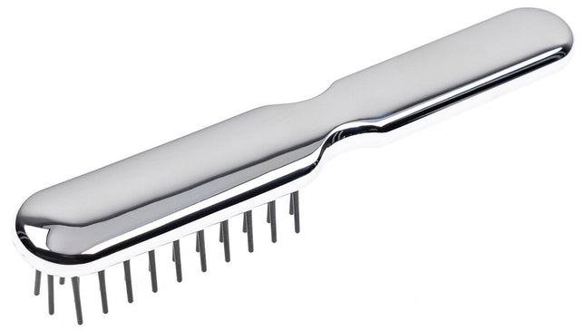 Artfully designed, our Metallic synthetic pin brushes are designed specifically for hair that’s harder to style. Increased control and manageability without damage, each is hand made with a cushioned, pneumatic rubber base. The pneumatic brush design includes cylindrical synthetic pins inserted in a unique rubber cushion pad, perfect for smoothing thick, coarse hair. Made of ABS and coated with either gold or chrome plating. Hand-crafted with the finest materials in Italy.