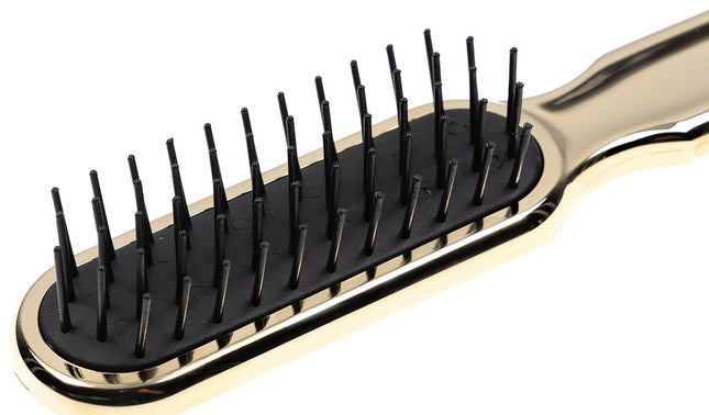 Artfully designed, our Metallic synthetic pin brushes are designed specifically for hair that’s harder to style. Increased control and manageability without damage, each is hand made with a cushioned, pneumatic rubber base. The pneumatic brush design includes cylindrical synthetic pins inserted in a unique rubber cushion pad, perfect for smoothing thick, coarse hair. Made of ABS and coated with either gold or chrome plating. Hand-crafted with the finest materials in Italy.