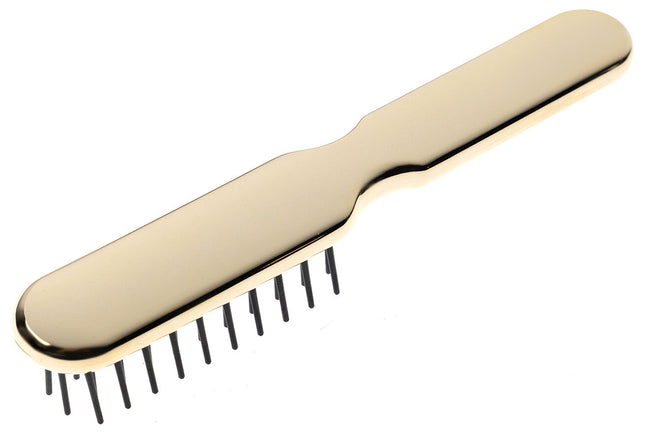 Artfully designed, our Metallic synthetic pin brushes are designed specifically for hair that’s harder to style. Increased control and manageability without damage, each is hand made with a cushioned, pneumatic rubber base. The pneumatic brush design includes cylindrical synthetic pins inserted in a unique rubber cushion pad, perfect for smoothing thick, coarse hair. Made of ABS and coated with either gold or chrome plating. Hand-crafted with the finest materials in Italy.