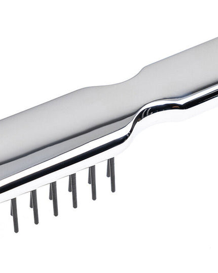 Artfully designed, our Metallic synthetic pin brushes are designed specifically for hair that’s harder to style. Increased control and manageability without damage, each is hand made with a cushioned, pneumatic rubber base. The pneumatic brush design includes cylindrical synthetic pins inserted in a unique rubber cushion pad, perfect for smoothing thick, coarse hair. Made of ABS and coated with either gold or chrome plating. Hand-crafted with the finest materials in Italy.