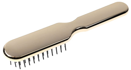 Artfully designed, our Metallic synthetic pin brushes are designed specifically for hair that’s harder to style. Increased control and manageability without damage, each is hand made with a cushioned, pneumatic rubber base. The pneumatic brush design includes cylindrical synthetic pins inserted in a unique rubber cushion pad, perfect for smoothing thick, coarse hair. Made of ABS and coated with either gold or chrome plating. Hand-crafted with the finest materials in Italy.