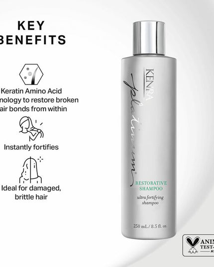 Kenra Platinum Restorative Shampoo targets and deeply penetrates even the most damaged hair cuticles with Keratin Amino Acid technology to restore broken hair bonds from within. Instantly fortifies to restore smoothness, suppleness, & shine.