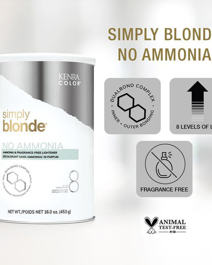 Kenra Color Simply Blonde No Ammonia Lightener is an ammonia fragrance-free lightener. Formulated with DualBond Complex to help protect the hair during lightening services by enforcing strong bonds. Blonding you can trust!

DualBond offers the added protection and benefits of inner outer bonding. Simply Blonde lighteners with DualBond Complex help mend the inner cuticle while simultaneously protecting and sealing the outer cuticle.