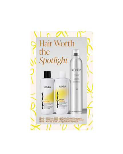 Triple Repair 50% VOC Set Includes:

(1) - Triple Repair Shampoo, 10.1 fl. oz.
(1) - Triple Repair Conditioner, 10.1 fl. oz.
(1) - Volume Spray 25 50% VOC, 10 oz.