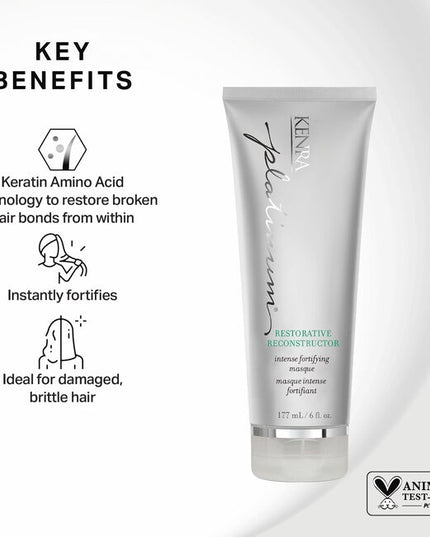 Kenra Platinum Restorative Reconstructor is an indulgent concentrated treatment of Keratin Amino Acid Technology that deeply penetrates even the most damaged hair cuticles for intense fortifying, elasticity, &amp; suppleness.