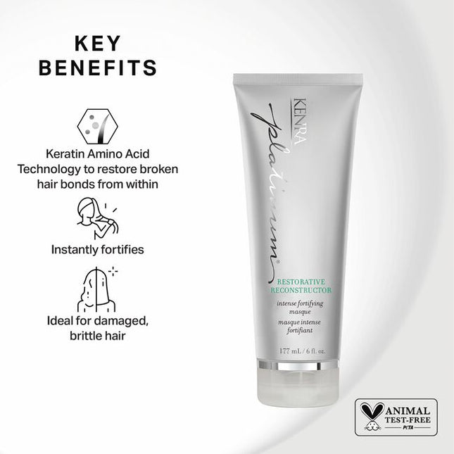 Kenra Platinum Restorative Reconstructor is an indulgent concentrated treatment of Keratin Amino Acid Technology that deeply penetrates even the most damaged hair cuticles for intense fortifying, elasticity, &amp; suppleness.