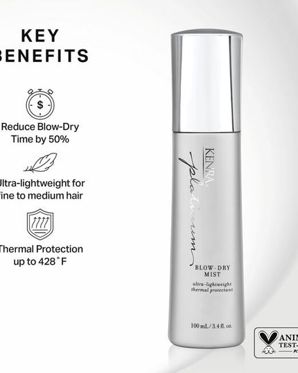 Kenra Platinum Blow-Dry Mist dramatically decreases blow-dry time up to 50% and provides intense heat protection from damage and breakage. This ultra-lightweight formula detangles, smooths, and softens while eliminating frizz and resisting humidity for long-lasting, healthy looking results.