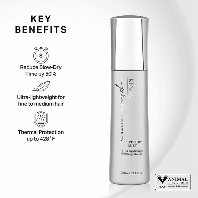 Kenra Platinum Blow-Dry Mist dramatically decreases blow-dry time up to 50% and provides intense heat protection from damage and breakage. This ultra-lightweight formula detangles, smooths, and softens while eliminating frizz and resisting humidity for long-lasting, healthy looking results.