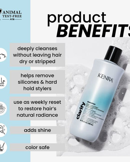 Deeply cleanse and help remove damaging impurities and dulling deposits* including hard water, metal ions, minerals, pollutants and product build up with Kenra® Clarify Shampoo. Clarifies without leaving hair feeling dry or stripped. Intended to be used in conjunction with a Kenra® shampoo & conditioner as a weekly reset, so hair looks restored with natural-looking radiance.