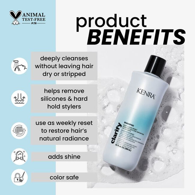 Deeply cleanse and help remove damaging impurities and dulling deposits* including hard water, metal ions, minerals, pollutants and product build up with Kenra® Clarify Shampoo. Clarifies without leaving hair feeling dry or stripped. Intended to be used in conjunction with a Kenra® shampoo & conditioner as a weekly reset, so hair looks restored with natural-looking radiance.