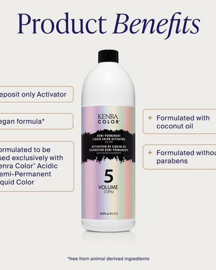 Kenra Color Demi Liquid Activator is specially formulated for use with Kenra Color Demi-Permanent Liquid allowing for complete oxidation of all pigments in each and every color formulation.