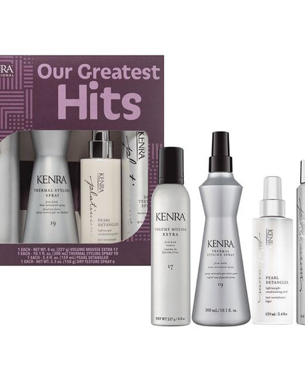 Kenra Volume Mousse Extra 17 is a firm hold, lightweight mousse that provides style and control to hair without stiffness or stickiness. Kenra Thermal Styling Spray 19 shapes and holds styles created with curling irons, hot rollers, or flat irons. Kenra Platinum Pearl Detangler is a milky detangling spray, with luminescent pearl, that adds moisture, slip, and shine for effortless manageability. Helps protect against thermal damage, unlocking remarkable radiance. Kenra Platinum 