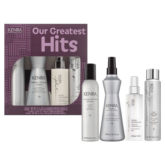 Kenra Volume Mousse Extra 17 is a firm hold, lightweight mousse that provides style and control to hair without stiffness or stickiness. Kenra Thermal Styling Spray 19 shapes and holds styles created with curling irons, hot rollers, or flat irons. Kenra Platinum Pearl Detangler is a milky detangling spray, with luminescent pearl, that adds moisture, slip, and shine for effortless manageability. Helps protect against thermal damage, unlocking remarkable radiance. Kenra Platinum 