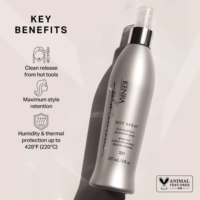 Kenra Platinum Hot Spray gives the ultimate thermal protection with long-lasting, firm hold. Uniquely formulated to prevent thermal damage while permitting a clean release from styling tools.