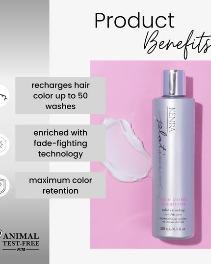 Kenra Platinum Color Charge Conditioner is a lightweight moisturizer that recharges the brilliance, vibrancy, and longevity of hair color for up to 50 shampoos. Enriched with high-performance Fade-Fighting Technology, this gentle cleanser locks color pigments inside the hair's cuticle while providing moisture for maximum color retention.