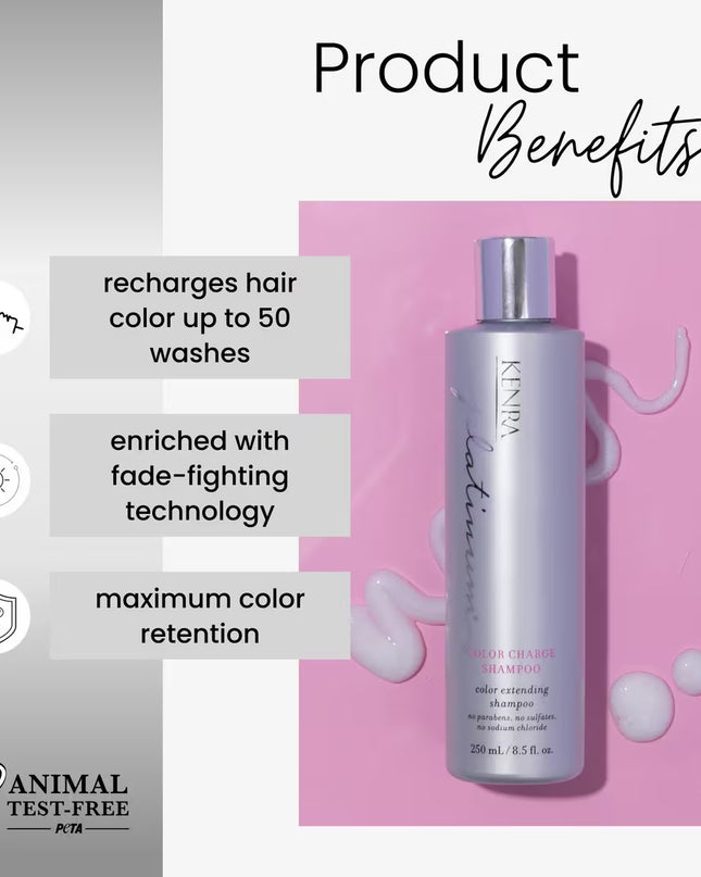 Platinum Color Charge Shampoo is a gentle cleanser that recharges the brilliance, vibrancy and longevity of hair color for up to 50 shampoos. Enriched with high-performance fade-fighting technology, this shampoo locks color pigments inside the hair's cuticle to provide maximum color retention.