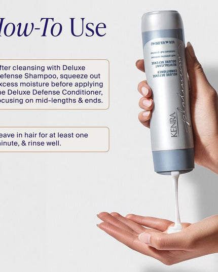 Protect and defend your hair with Kenra Platinum® Deluxe Defense Shampoo &amp; Conditioner System. Discover daily hair defense against breakage, color loss, and damage during heat styling.* This multi-protective formula enhances shine, preserves color vibrancy, and reduces breakage by 91%.** Formulated to enhance style memory to effortlessly retain your style longer.