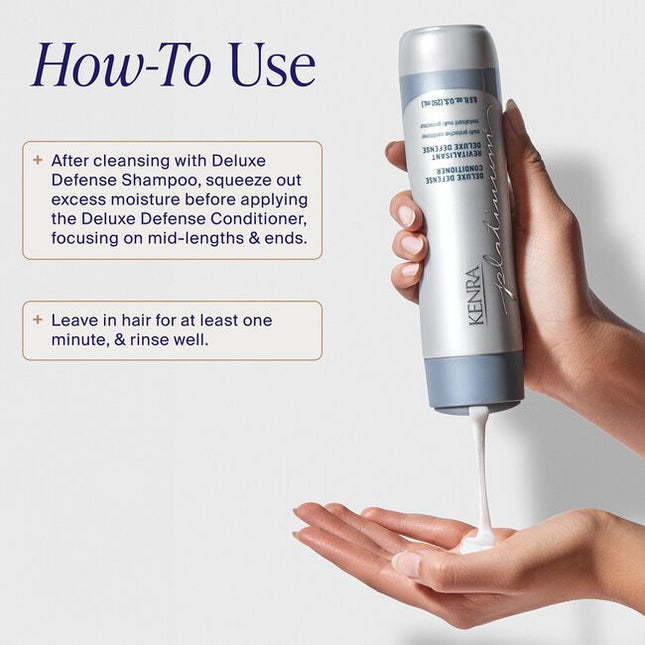 Protect and defend your hair with Kenra Platinum® Deluxe Defense Shampoo &amp; Conditioner System. Discover daily hair defense against breakage, color loss, and damage during heat styling.* This multi-protective formula enhances shine, preserves color vibrancy, and reduces breakage by 91%.** Formulated to enhance style memory to effortlessly retain your style longer.
