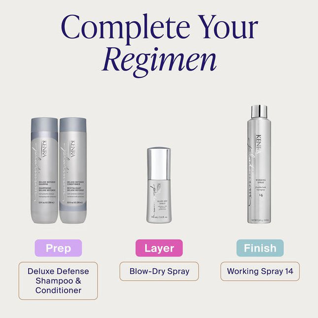 Protect and defend your hair with Kenra Platinum® Deluxe Defense Shampoo &amp; Conditioner System. Discover daily hair defense against breakage, color loss, and damage during heat styling.* This multi-protective formula enhances shine, preserves color vibrancy, and reduces breakage by 91%.** Formulated to enhance style memory to effortlessly retain your style longer.