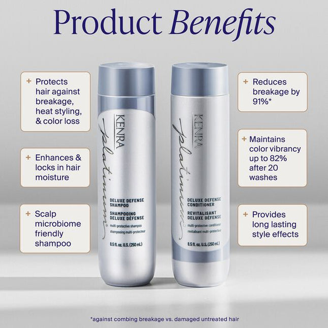 Protect and defend your hair with Kenra Platinum® Deluxe Defense Shampoo &amp; Conditioner System. Discover daily hair defense against breakage, color loss, and damage during heat styling.* This multi-protective formula enhances shine, preserves color vibrancy, and reduces breakage by 91%.** Formulated to enhance style memory to effortlessly retain your style longer.
