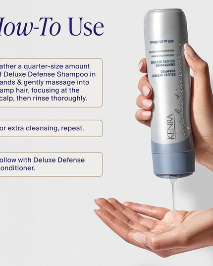 Protect and defend your hair with Kenra Platinum® Deluxe Defense Shampoo &amp; Conditioner System. Discover daily hair defense against breakage, color loss, and damage during heat styling.* This multi-protective formula enhances shine, preserves color vibrancy, and reduces breakage by 91%.** Formulated to enhance style memory to effortlessly retain your style longer.