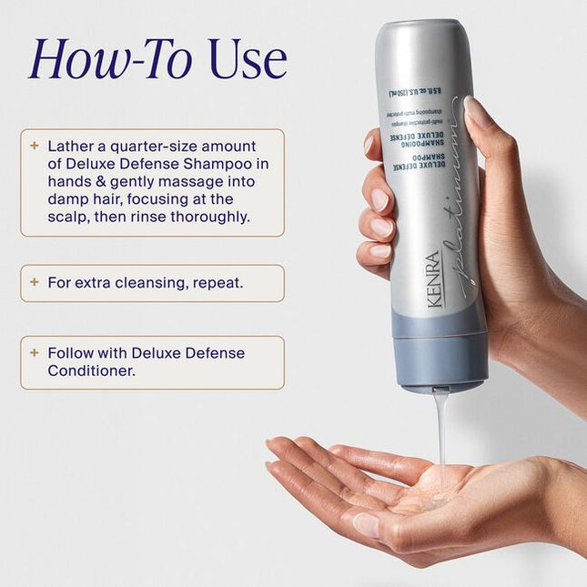 Protect and defend your hair with Kenra Platinum® Deluxe Defense Shampoo &amp; Conditioner System. Discover daily hair defense against breakage, color loss, and damage during heat styling.* This multi-protective formula enhances shine, preserves color vibrancy, and reduces breakage by 91%.** Formulated to enhance style memory to effortlessly retain your style longer.
