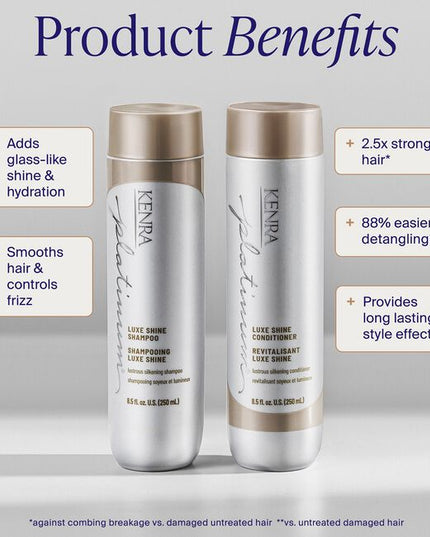 Unveil radiant, glowing hair with Kenra Platinum® Luxe Shine Conditioner. Achieve glass-like shine while transforming dull strands into silky smooth feeling hair. Replenishes hair for more conditioned and manageable hair.* Promotes healthy looking hair and formulated to enhance style memory to effortlessly retain your style throughout the day.

*vs. untreated damaged hair