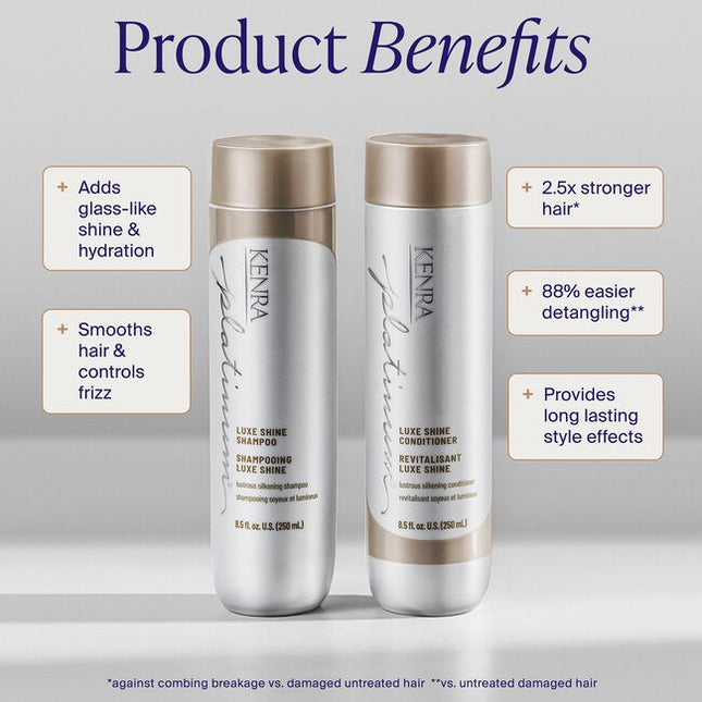 Unveil radiant, glowing hair with Kenra Platinum® Luxe Shine Conditioner. Achieve glass-like shine while transforming dull strands into silky smooth feeling hair. Replenishes hair for more conditioned and manageable hair.* Promotes healthy looking hair and formulated to enhance style memory to effortlessly retain your style throughout the day.

*vs. untreated damaged hair