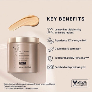 Kenra Platinum Luxe Shine Mask is a decadent hair treatment that is enriched with precious gold. Leaves hair visibly shiny and more radiant. Experience 2X stronger hair* while doubling hair softness** to reveal significantly more conditioned and manageable hair**. Shine like gold.