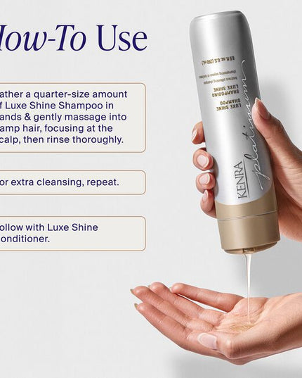 Unveil luminous looking hair with Kenra Platinum® Luxe Shine Shampoo. Provides glass-like shine and transforms dull strands into silky smooth feeling hair. Formulated to enhance style memory to effortlessly retain your style longer.