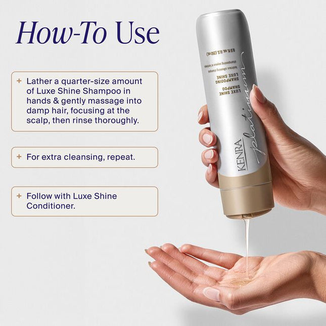 Unveil luminous looking hair with Kenra Platinum® Luxe Shine Shampoo. Provides glass-like shine and transforms dull strands into silky smooth feeling hair. Formulated to enhance style memory to effortlessly retain your style longer.