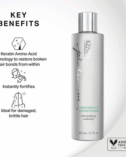Kenra Platinum Restorative Conditioner targets and deeply penetrates even the most damaged hair cuticles with Keratin Amino Acid technology to restore hair elasticity and durability. Rebuild and restore smoothness, suppleness, & shine.
