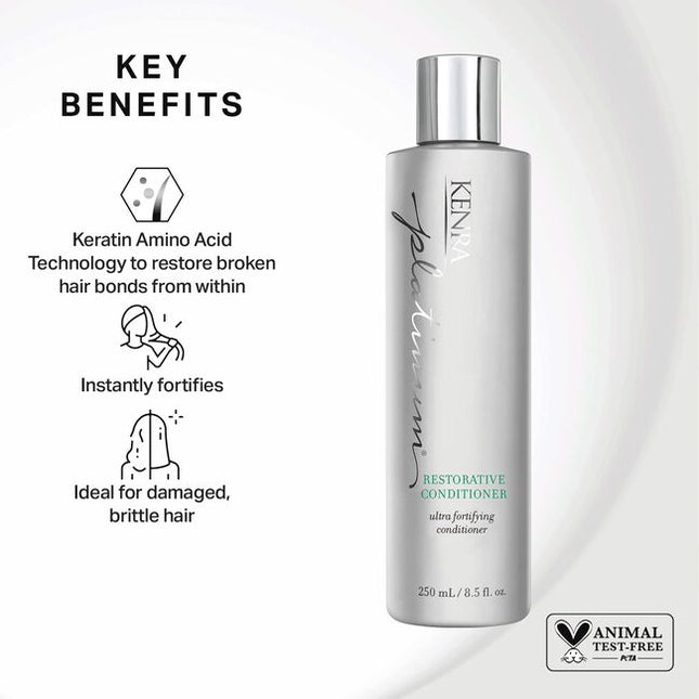 Kenra Platinum Restorative Conditioner targets and deeply penetrates even the most damaged hair cuticles with Keratin Amino Acid technology to restore hair elasticity and durability. Rebuild and restore smoothness, suppleness, & shine.