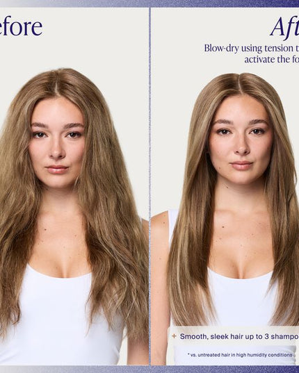 Heat-activated frizz-fighting styler that works to smooth and silken hair while creating a water-resistant shield against humidity. It ensures sleek, glossy, glassy texture that keeps hair frizz-free for up to 3 shampoos*. 