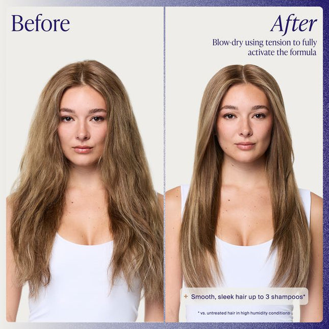 Heat-activated frizz-fighting styler that works to smooth and silken hair while creating a water-resistant shield against humidity. It ensures sleek, glossy, glassy texture that keeps hair frizz-free for up to 3 shampoos*. 