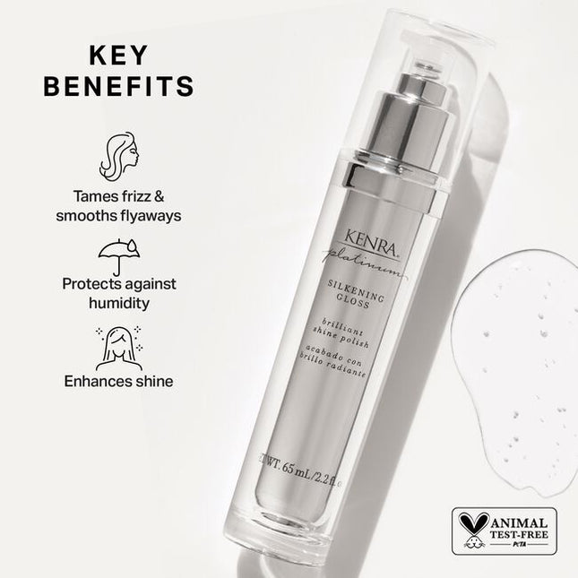 Kenra Platinum Silkening Gloss is a lightweight formula for silky, lustrous hair.