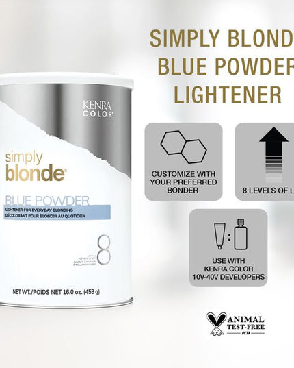 Introducing Kenra Professional's NEW Limited Edition 2 lb. Simply Blonde Blue Powder Lightener! Kenra Color Simply Blonde Blue Powder Lightener is a multi-purpose blue base lightener. Blonding you can trust.