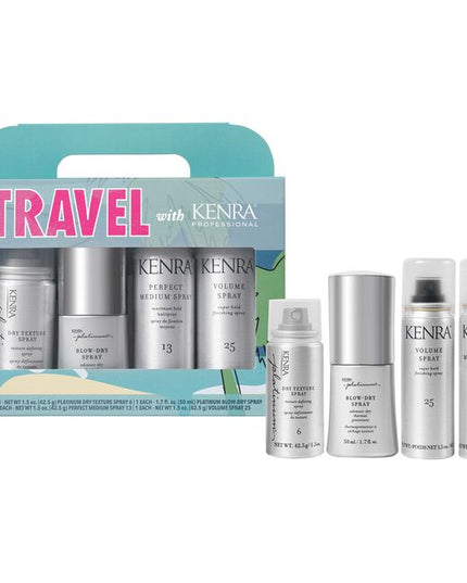 Kenra Platinum Blow-Dry Spray dramatically decreases blow-dry time up to 50% and provides intense heat protection from damage and breakage up to 428˚F. Kenra Platinum Dry Texture Spray increases texture and fullness. Kenra Perfect Medium Spray provides optimum styling control without stiffness. Kenra Volume Spray 25 provides the maximum amount of volume and hold possible.