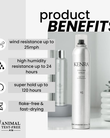 Kenra Volume Spray 25 provides the superhold and volume. This volumizing spray leaves hair looking natural and shiny while imparting the strength and volume necessary to make any style last all day.
