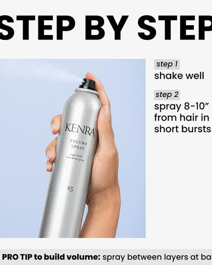 Kenra Volume Spray 25 provides the superhold and volume. This volumizing spray leaves hair looking natural and shiny while imparting the strength and volume necessary to make any style last all day.
