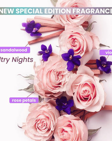 Same Iconic Formula; Special Edition Fragrance! Inspired by the unforgettable nights in the bustling city, illuminated by the glow of neon signs, "Sultry Nights" is a fragrance that cascades through your hair, enveloping you in an alluring blend of violet, rose petals and sophisticated sandalwood.