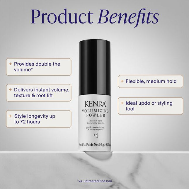 Kenra Volumizing Powder 14 is a medium hold texture powder.