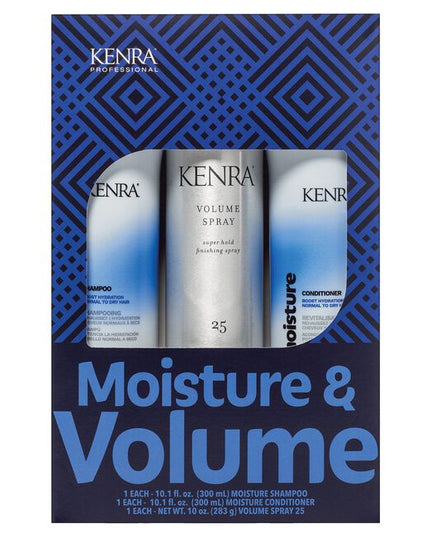 Kenra Moisture Shampoo&nbsp;and Moisture Conditioner significantly improve manageability* and boost hydration with Kenra Moisture system.* Experience effortless detangling while revealing shiny and sleek looking hair. Leaves hair feeling nourished, soft and smooth without feeling heavy. Kenra Volume Spray 25 provides up to 120-hour super hold* and 72-hour high humidity resistance**. 