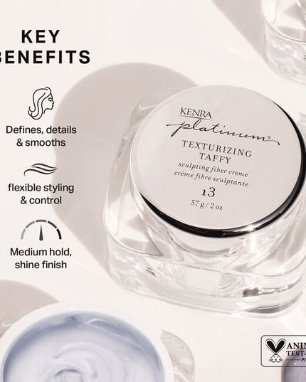 Kenra Platinum Texturizing Taffy 13 creates separation and texture with a soft, moveable feel. For flexible styling without stiffness. This sculpting taffy has a pliable formula that creates superior memory and control.