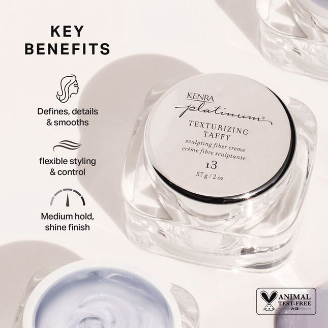 Kenra Platinum Texturizing Taffy 13 creates separation and texture with a soft, moveable feel. For flexible styling without stiffness. This sculpting taffy has a pliable formula that creates superior memory and control.