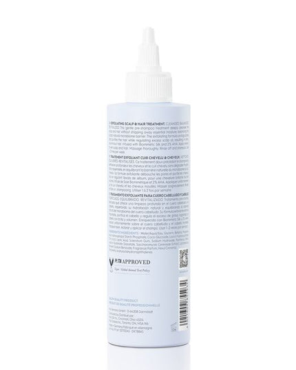 A highly effective pre-shampoo treatment with Biomimetic Silk &amp; 2% AHA. Our 100% vegan* exfoliating formula deeply cleanses the scalp and hair without stripping moisture, promoting voluminous, shiny, healthy-looking hair.
*no animal-derived ingredients