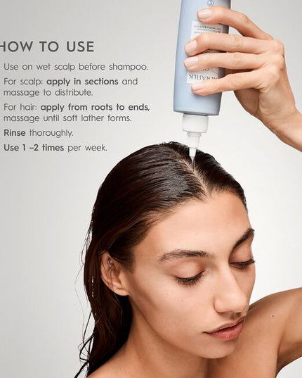 A highly effective pre-shampoo treatment with Biomimetic Silk &amp; 2% AHA. Our 100% vegan* exfoliating formula deeply cleanses the scalp and hair without stripping moisture, promoting voluminous, shiny, healthy-looking hair.
*no animal-derived ingredients