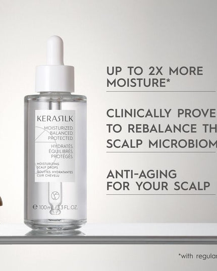 A highly effective serum with Biomimetic Silk, 1% Ectoin &amp; 1% Niacinamide. Kerasilk's 100% vegan* formula deeply moisturizes the scalp, relieving itchiness, redness, irritation, and flaking, while fortifying against external stressors.
*no animal-derived ingredients"