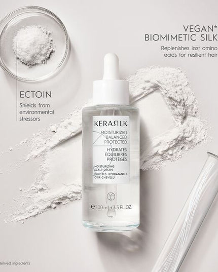 A highly effective serum with Biomimetic Silk, 1% Ectoin &amp; 1% Niacinamide. Kerasilk's 100% vegan* formula deeply moisturizes the scalp, relieving itchiness, redness, irritation, and flaking, while fortifying against external stressors.
*no animal-derived ingredients"