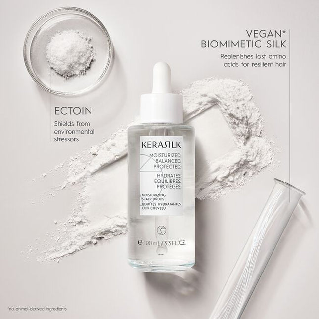 A highly effective serum with Biomimetic Silk, 1% Ectoin &amp; 1% Niacinamide. Kerasilk's 100% vegan* formula deeply moisturizes the scalp, relieving itchiness, redness, irritation, and flaking, while fortifying against external stressors.
*no animal-derived ingredients"